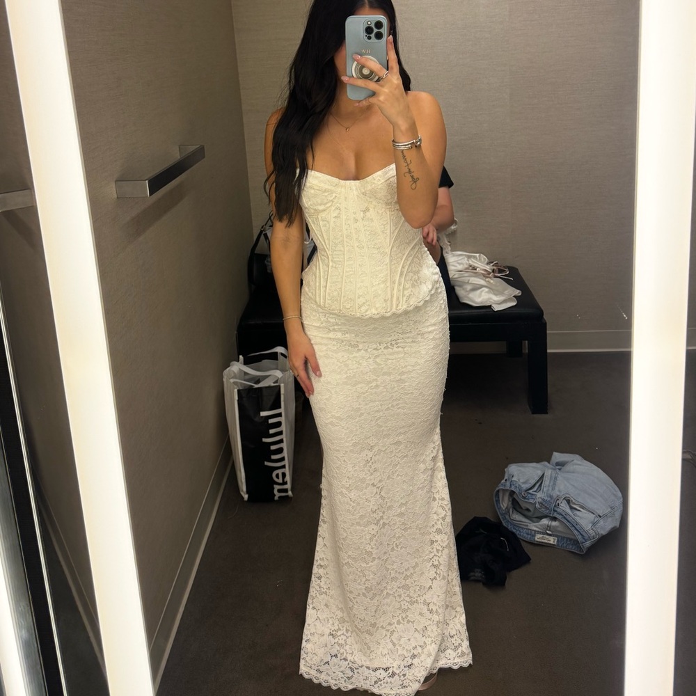 House of CB Cream Lace Strapless Maxi Dress